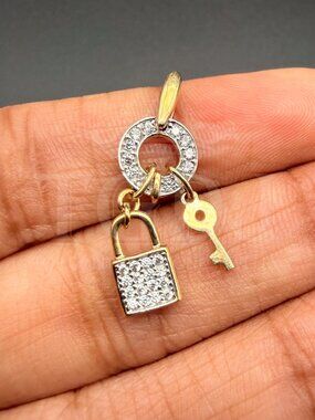 14K Two Tone Gold Cubic zirconia  Key & Lock Pendant